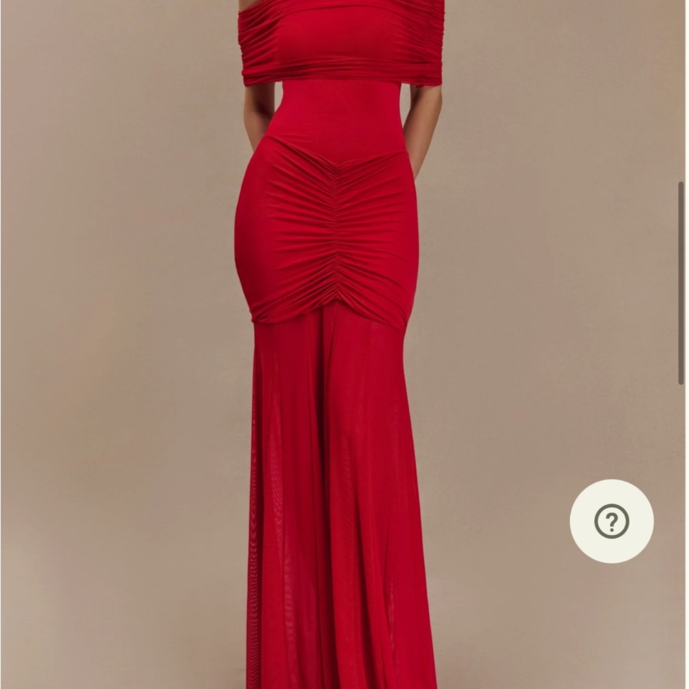 Meshki Red Ruched Off-Shoulder Gown